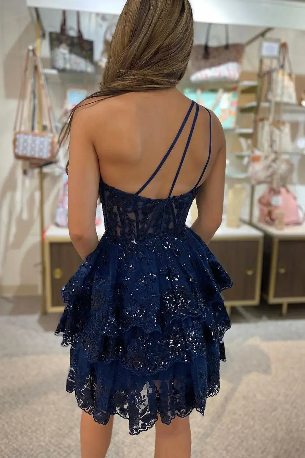 One Shoulder 2026 Dark Navy Homecoming Dress Short Multi-Layers