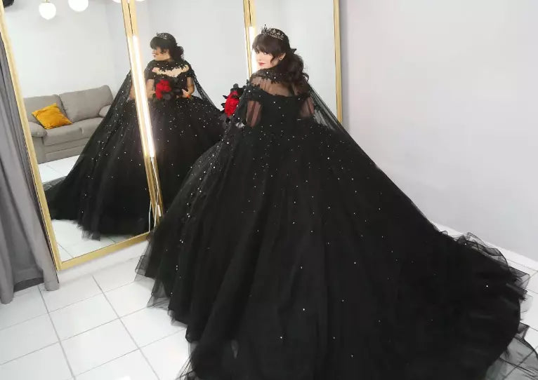 Gorgeous Black Gothic Quinceanera Dress Beaded Crystals With Cape