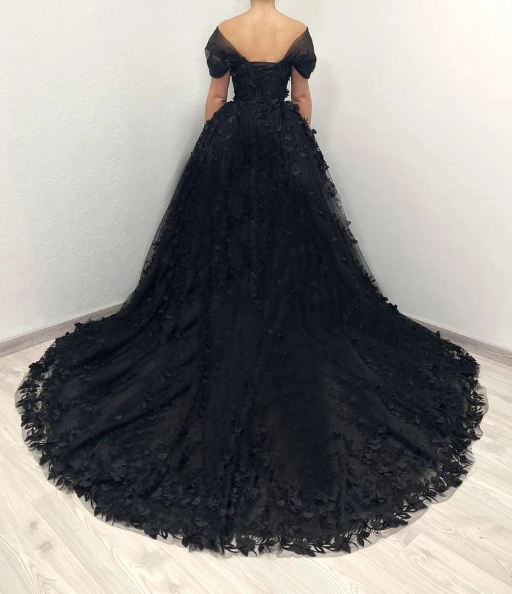 Gorgeous Black Wedding Dress Corset 3D Flower A-line Gothic Bridal Gowns Mychicdress