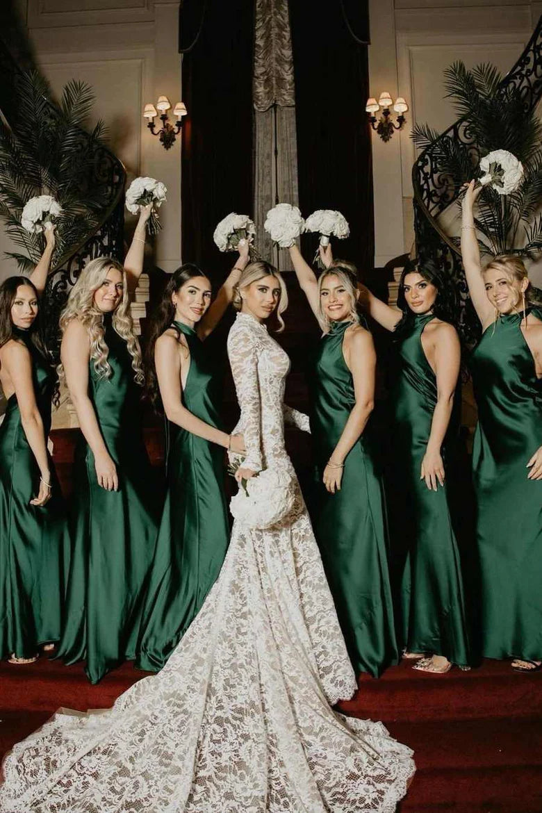 Gorgeous Dark Green Halter Bridesmaid Dress Satin Pleated Sleeveless