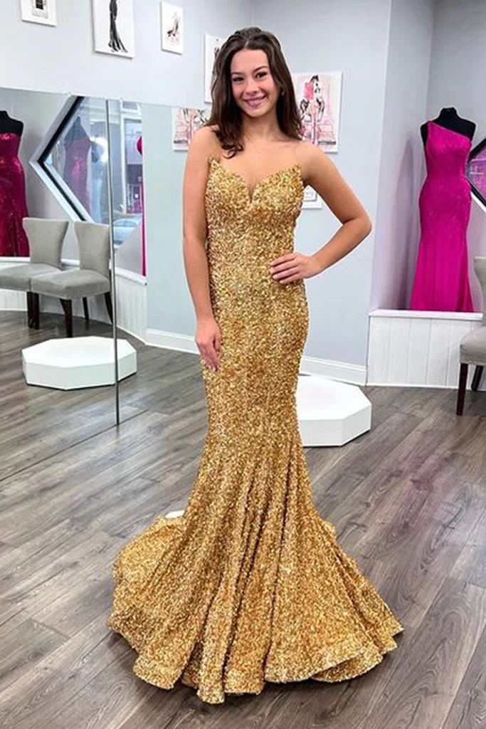 Gorgeous Gold Sequin Prom Dress UK Cheap Long Mermaid Evening Dress Mychicdress
