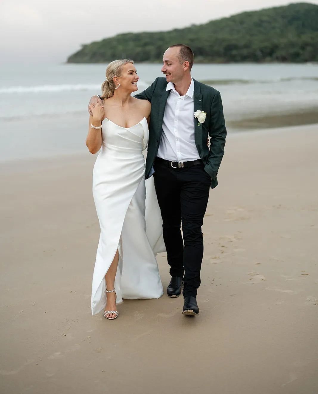 Gorgeous Strapless Beach White Wedding Dress Ruched with Slit