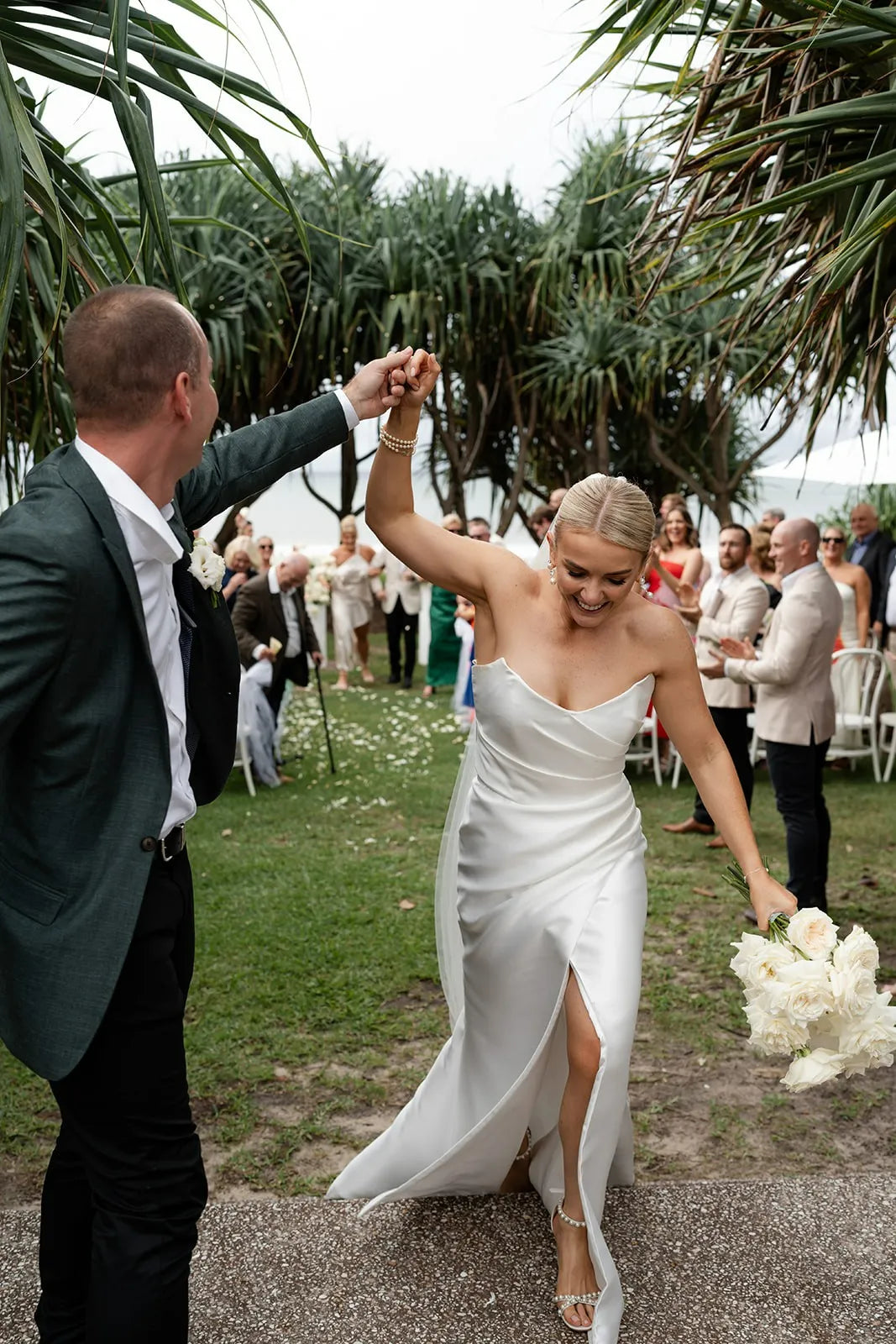 Gorgeous Strapless Beach White Wedding Dress Ruched with Slit