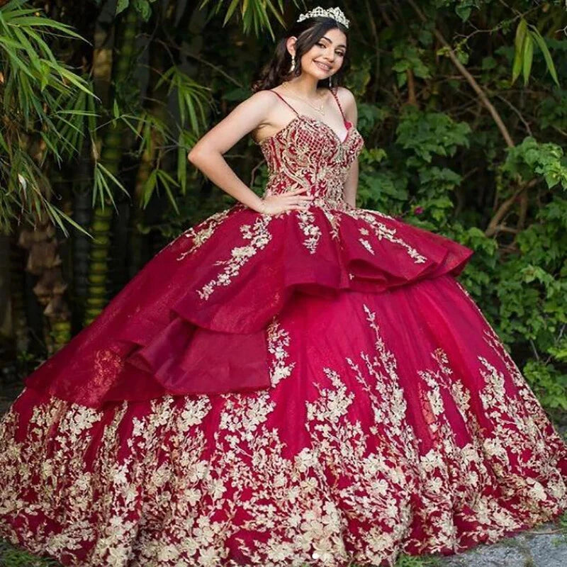 Gorgeous Sweetheart Wine Red Quinceanera Dress With Gold Lace Applique Mychicdress