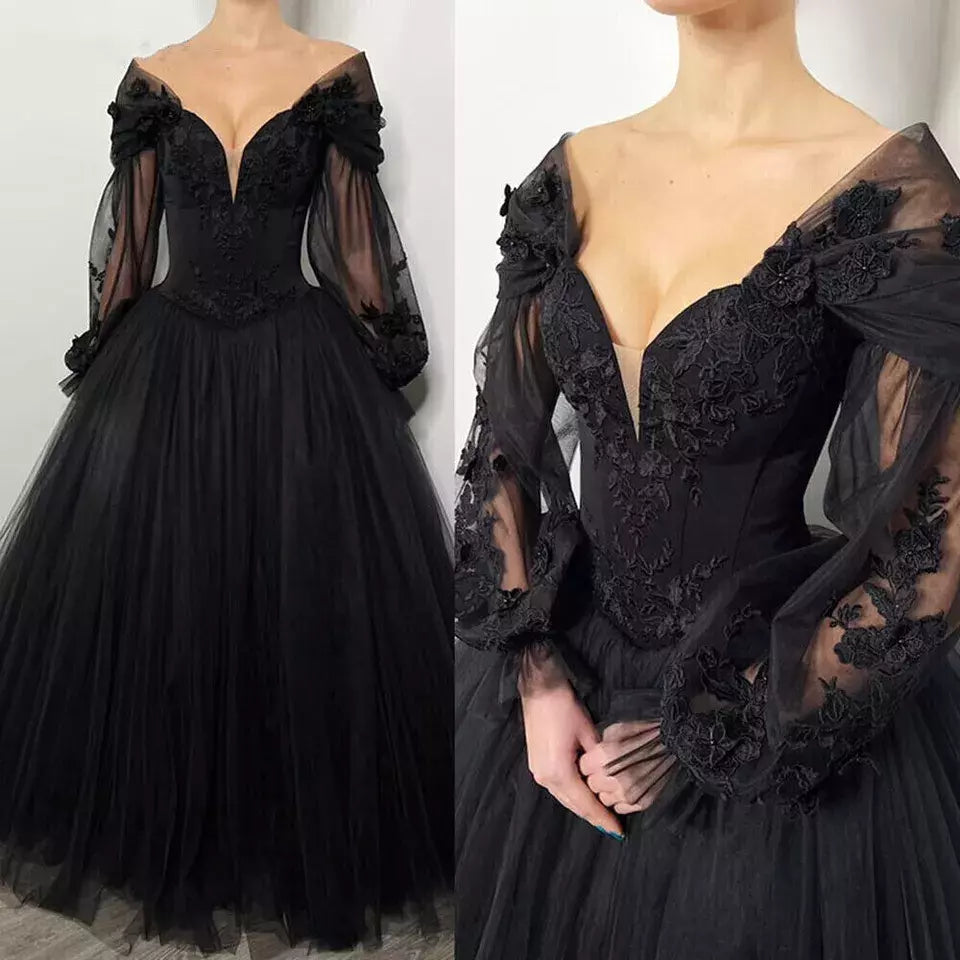 Gothic Black Boho Wedding Dresses Bubbles Sleeves V Neck Lace Appliques