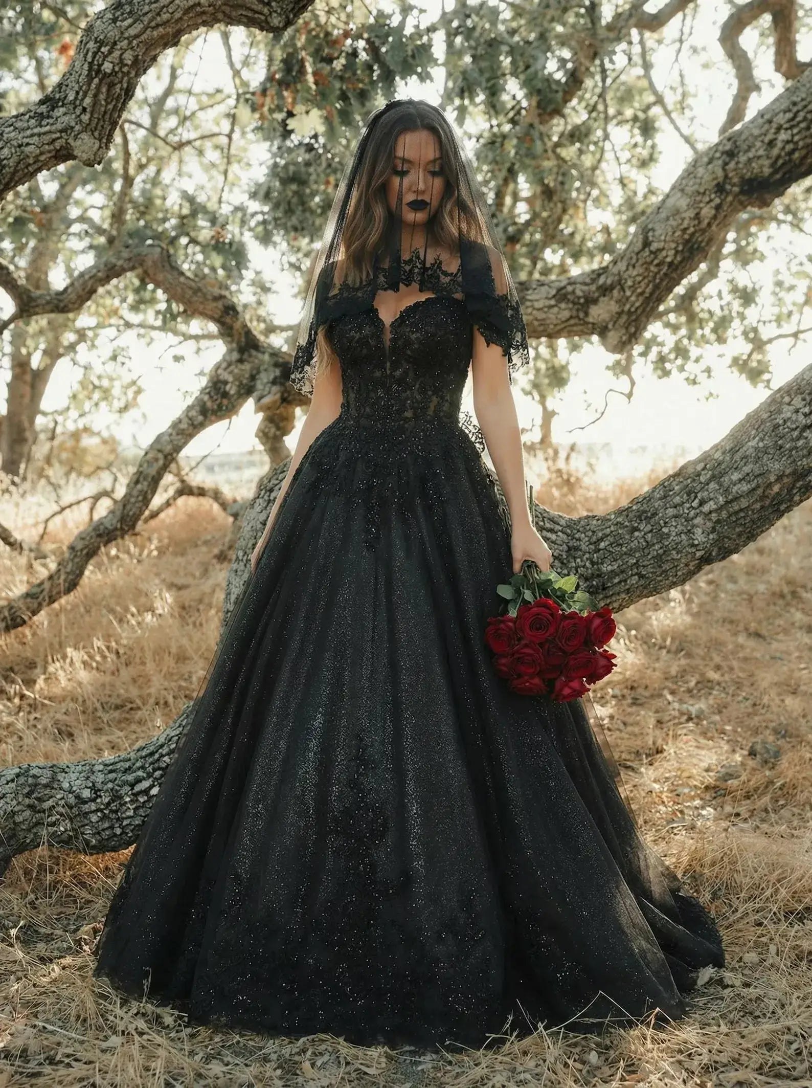Gothic Black Corset Wedding Dress Lace Tulle Off Shoulder Ball Gowns