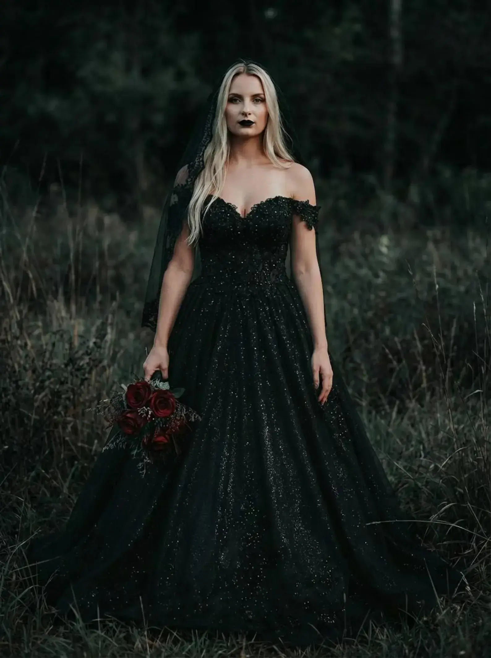 Gothic Black Corset Wedding Dress Lace Tulle Off Shoulder Ball Gowns