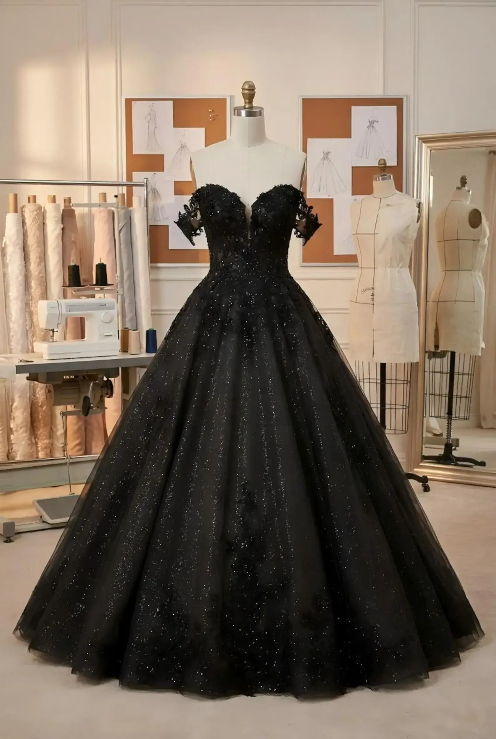 A black ball gown with a sweetheart neckline, off-the-shoulder lace sleeves
