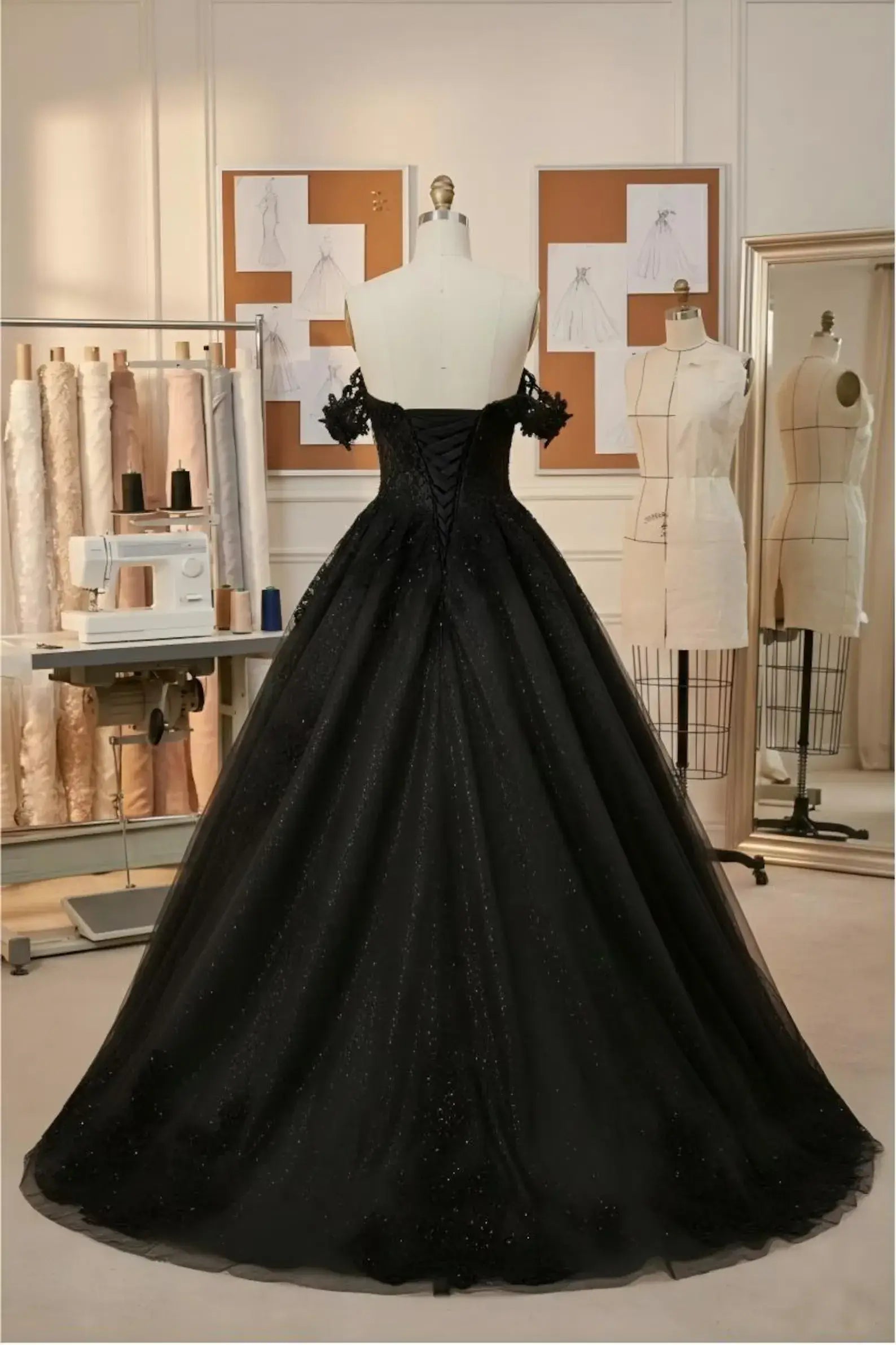 Gothic Black Corset Wedding Dress Lace Tulle Off Shoulder Ball Gowns