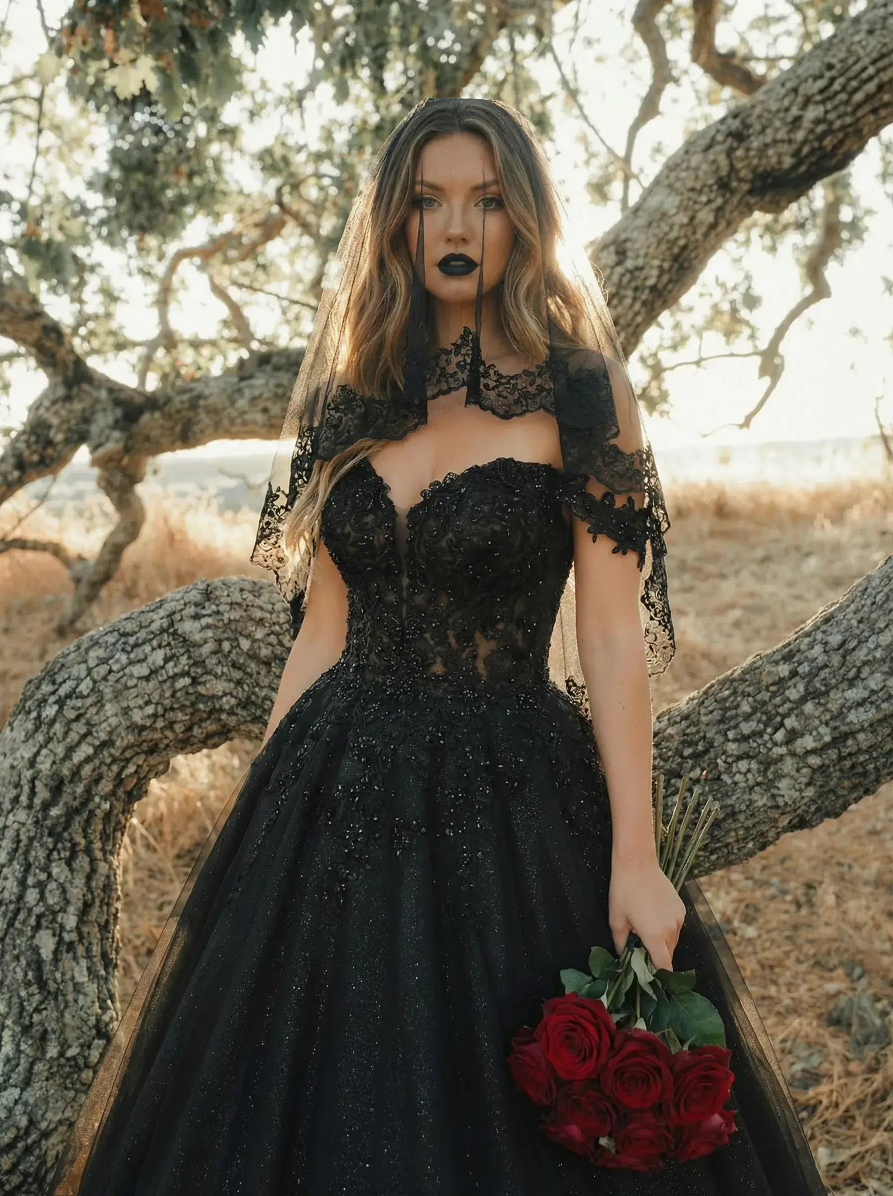 Gothic Black Corset Wedding Dress Lace Tulle Off Shoulder Ball Gowns