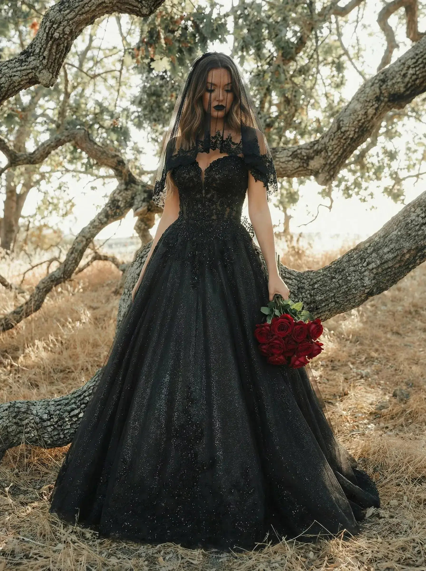 Gothic Black Corset Wedding Dress Lace Tulle Off Shoulder Ball Gowns
