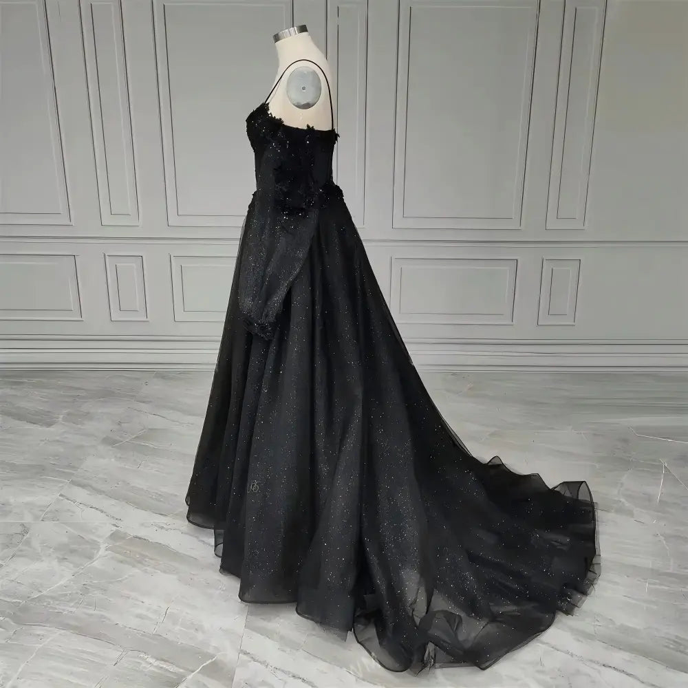 Gothic Black Wedding Dress Corset Tulle A-line Sequined Bridal Gown