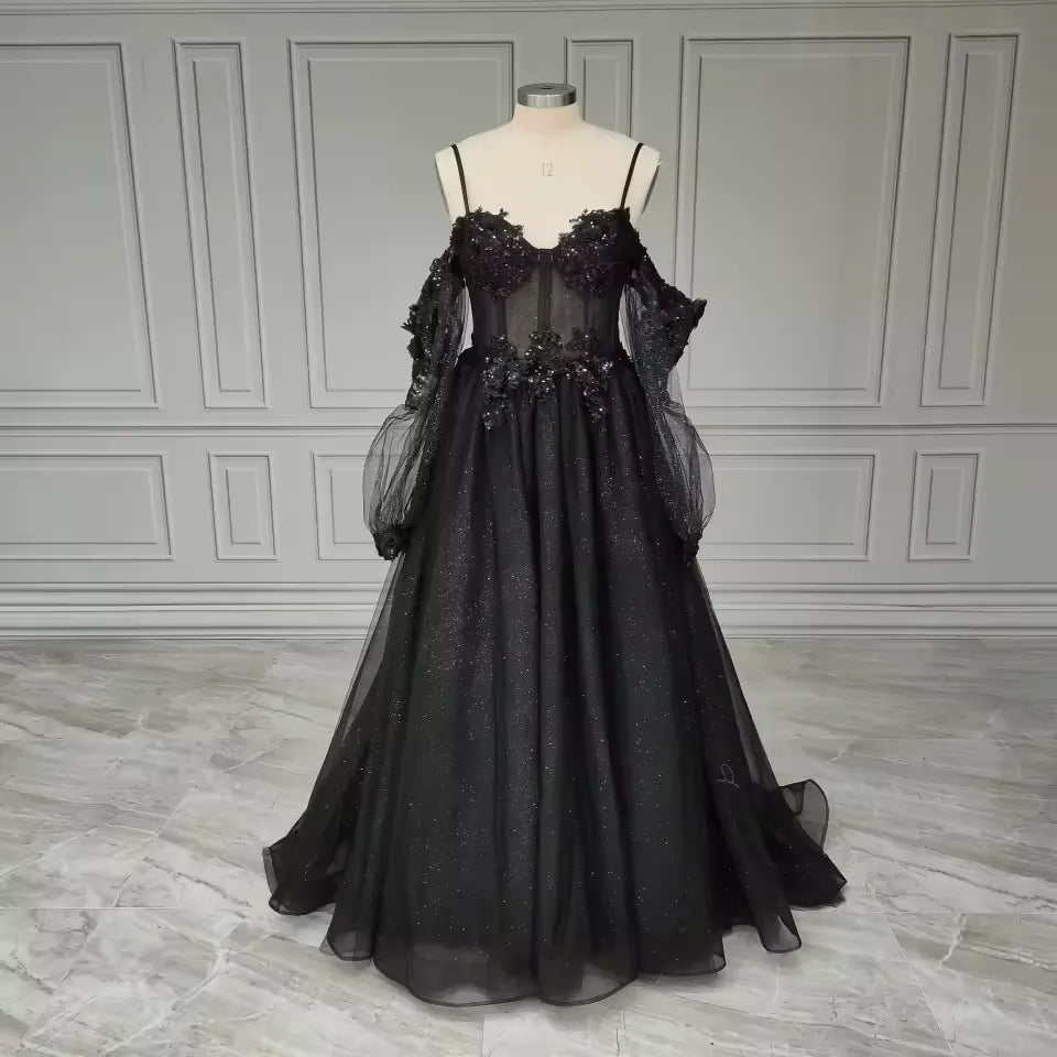 Gothic Black Wedding Dress Corset Tulle A-line Sequined Bridal Gown