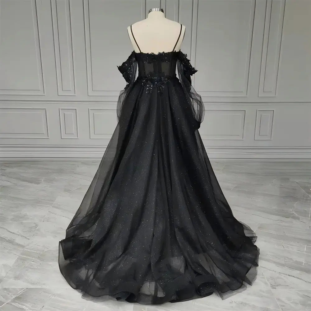 Gothic Black Wedding Dress Corset Tulle A-line Sequined Bridal Gown