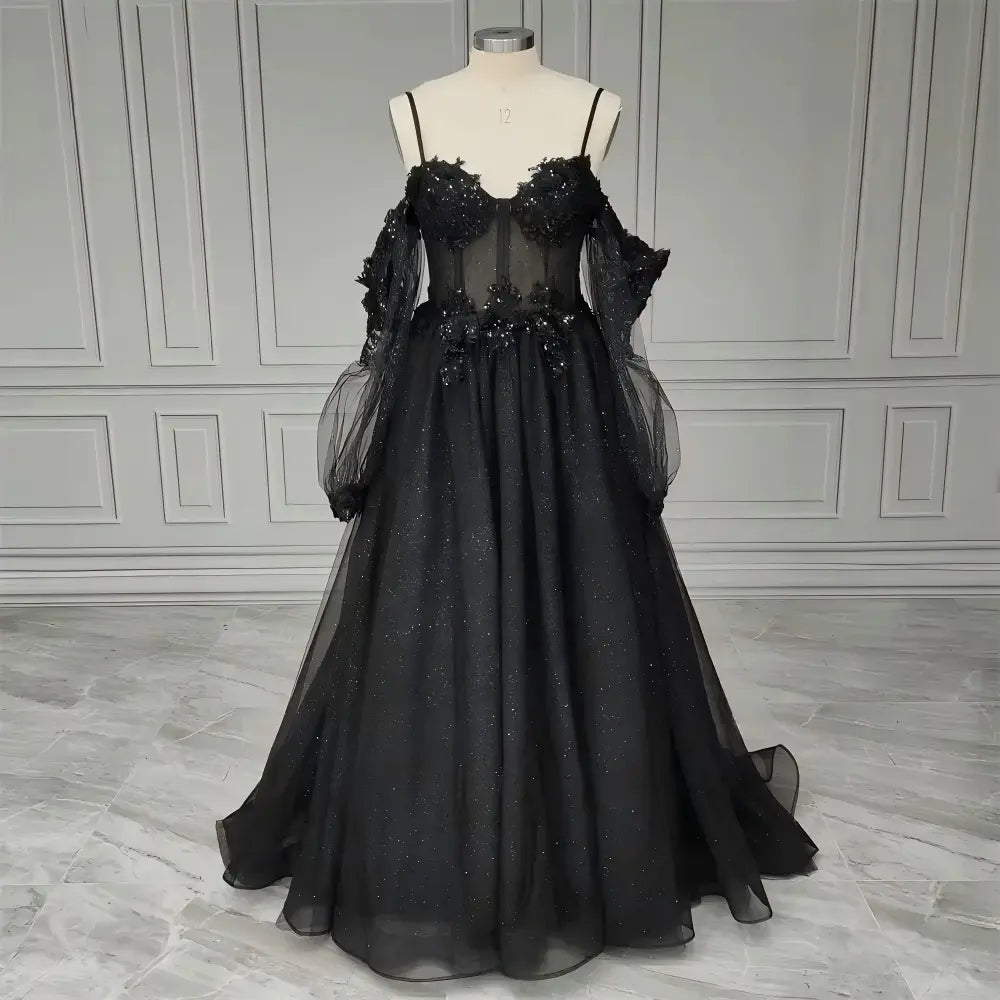 Gothic Black Wedding Dress Corset Tulle A-line Sequined Bridal Gown