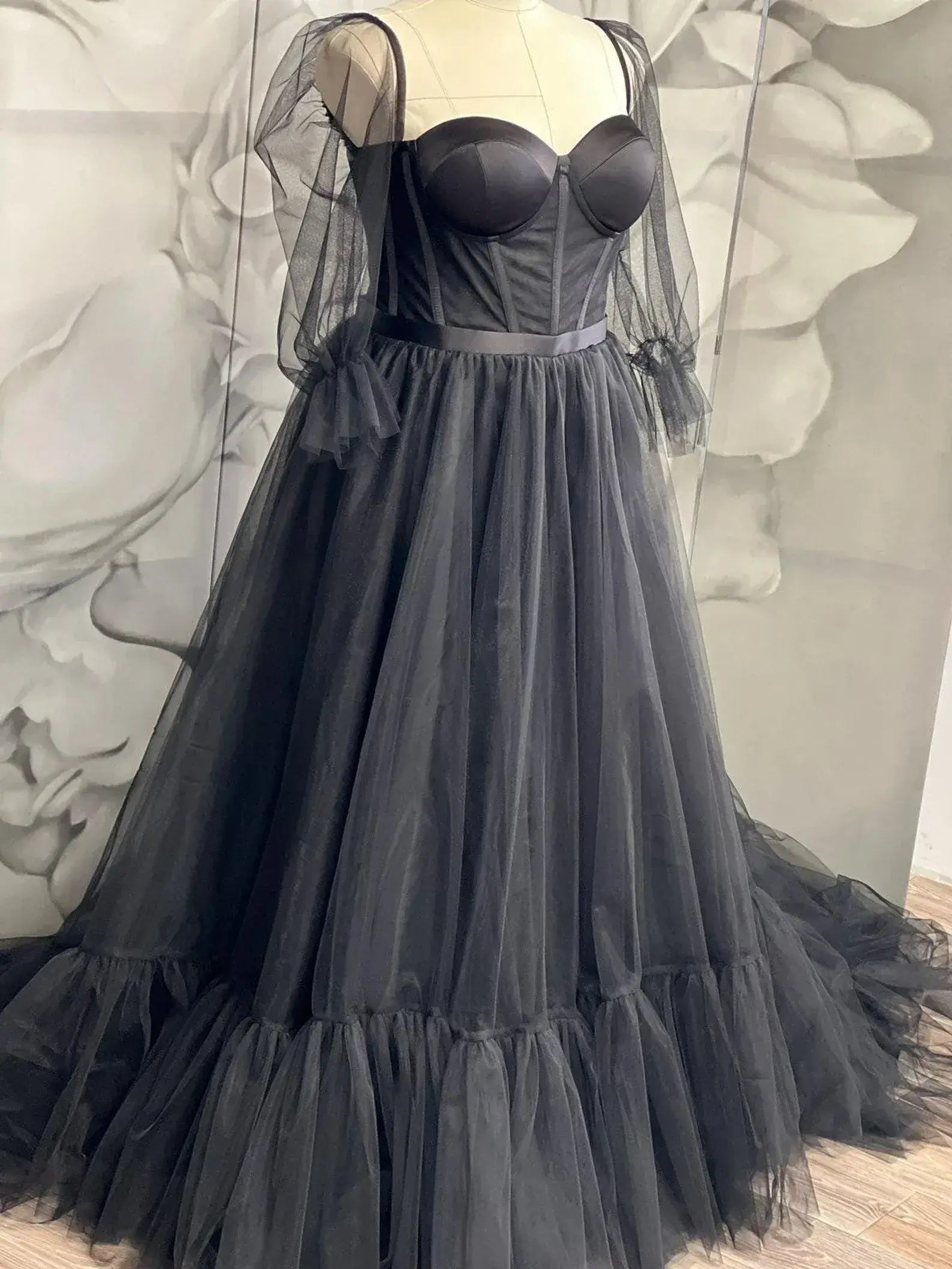 Gothic Boho Alternative Wedding Dress Black Corset With Bubble Sleeves