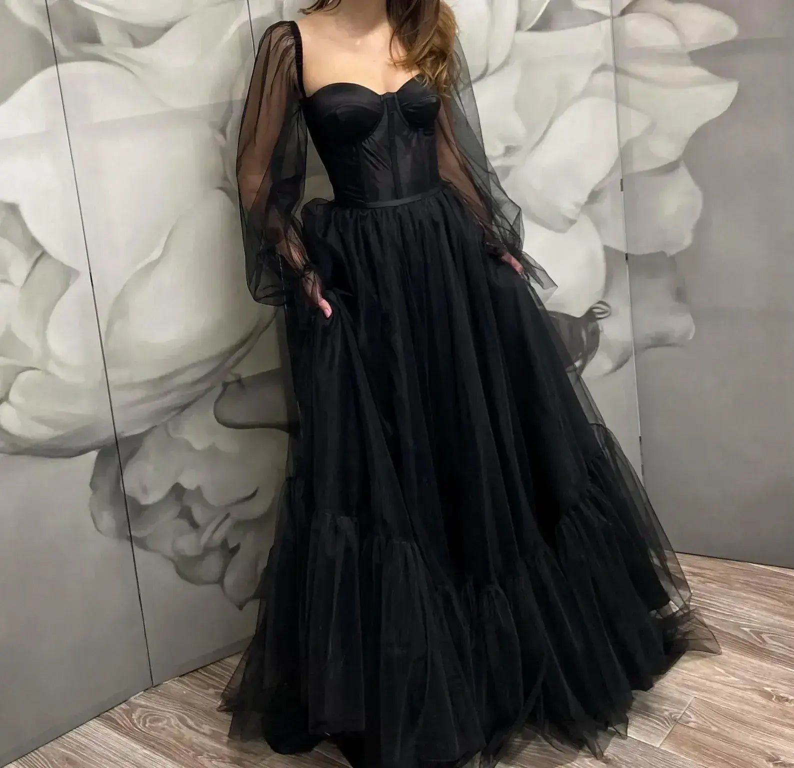 Gothic Boho Alternative Wedding Dress Black Corset With Bubble Sleeves
