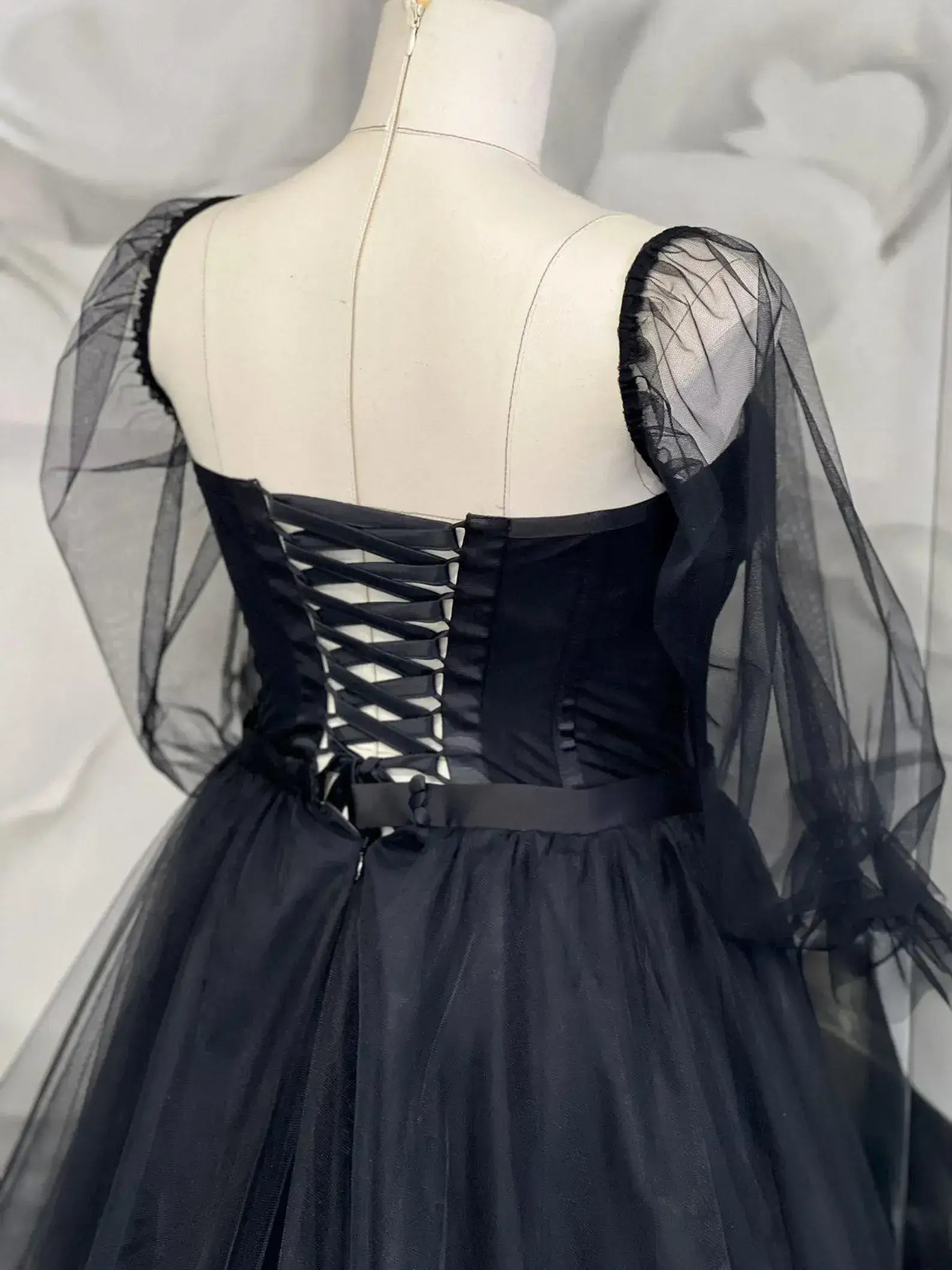 Gothic Boho Alternative Wedding Dress Black Corset With Bubble Sleeves