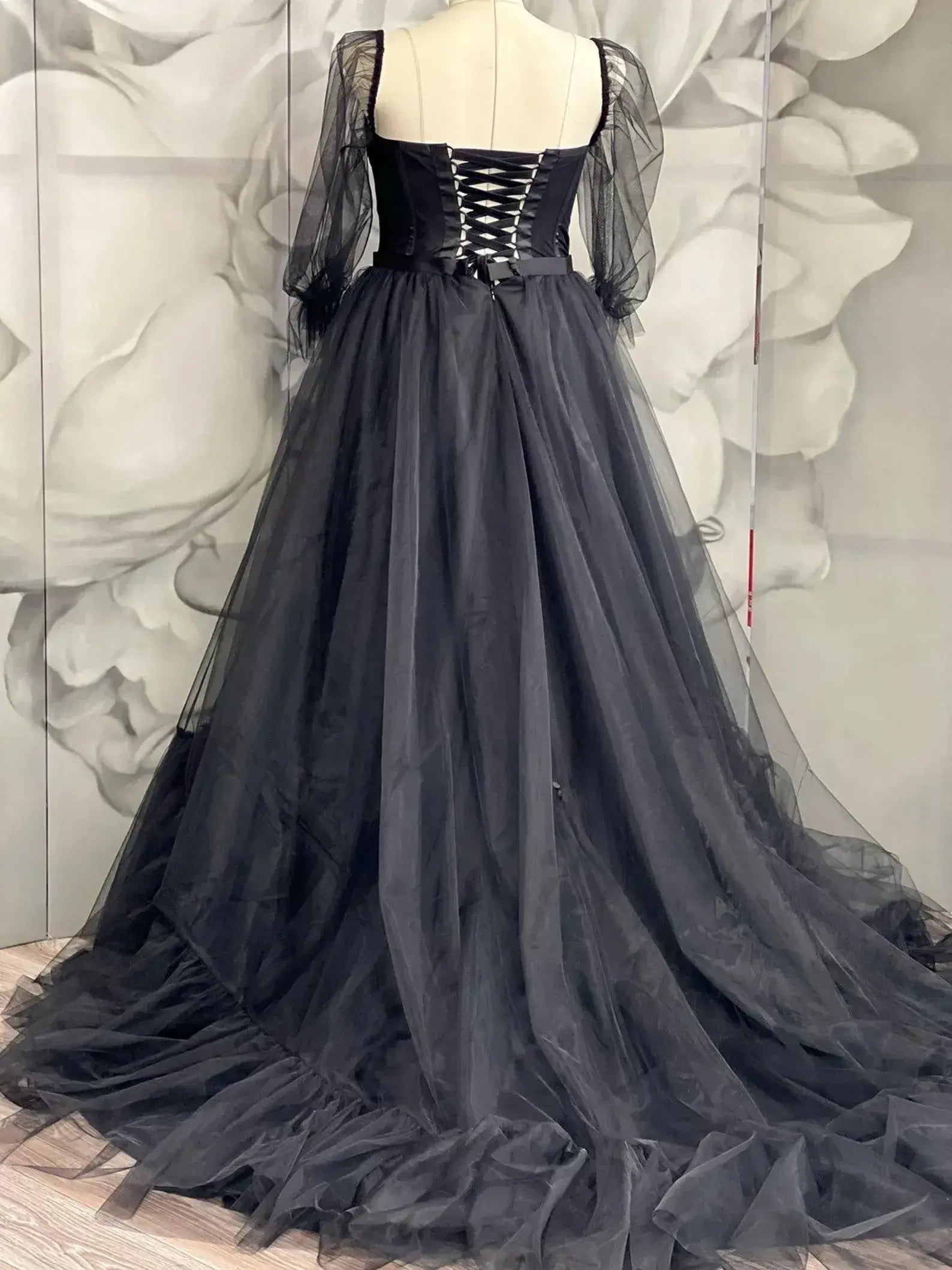 Gothic Boho Alternative Wedding Dress Black Corset With Bubble Sleeves