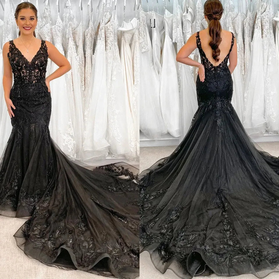 Gothic Lace Bridal Gown Black Mermaid Wedding Dresses V Neck Sleeveless