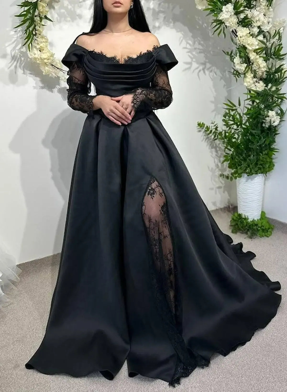 Gothic Long Sleeves Black Wedding Dress 