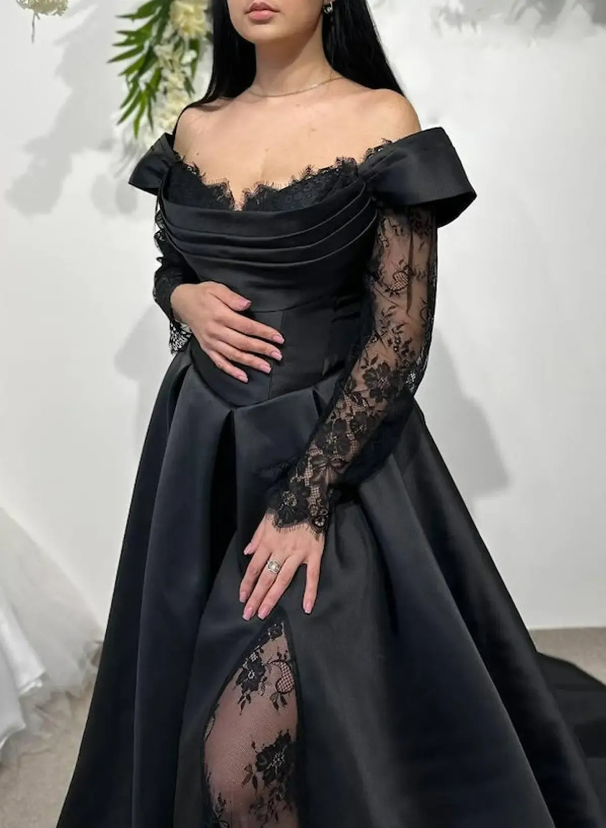 A-Line Satin Lace black wedding dress
