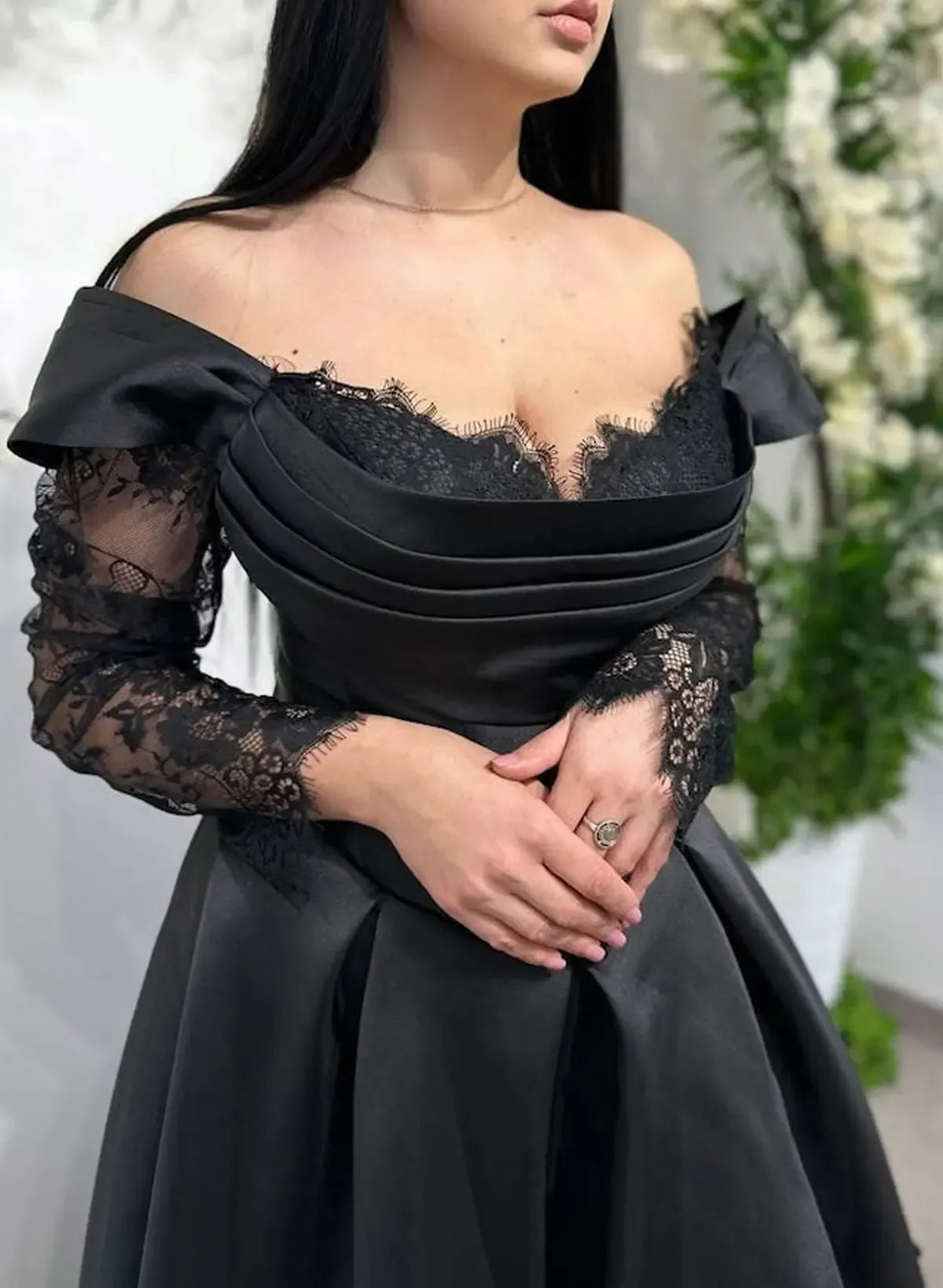 Gothic Long Sleeves Black Wedding Dress A-Line Satin Lace With High Split
