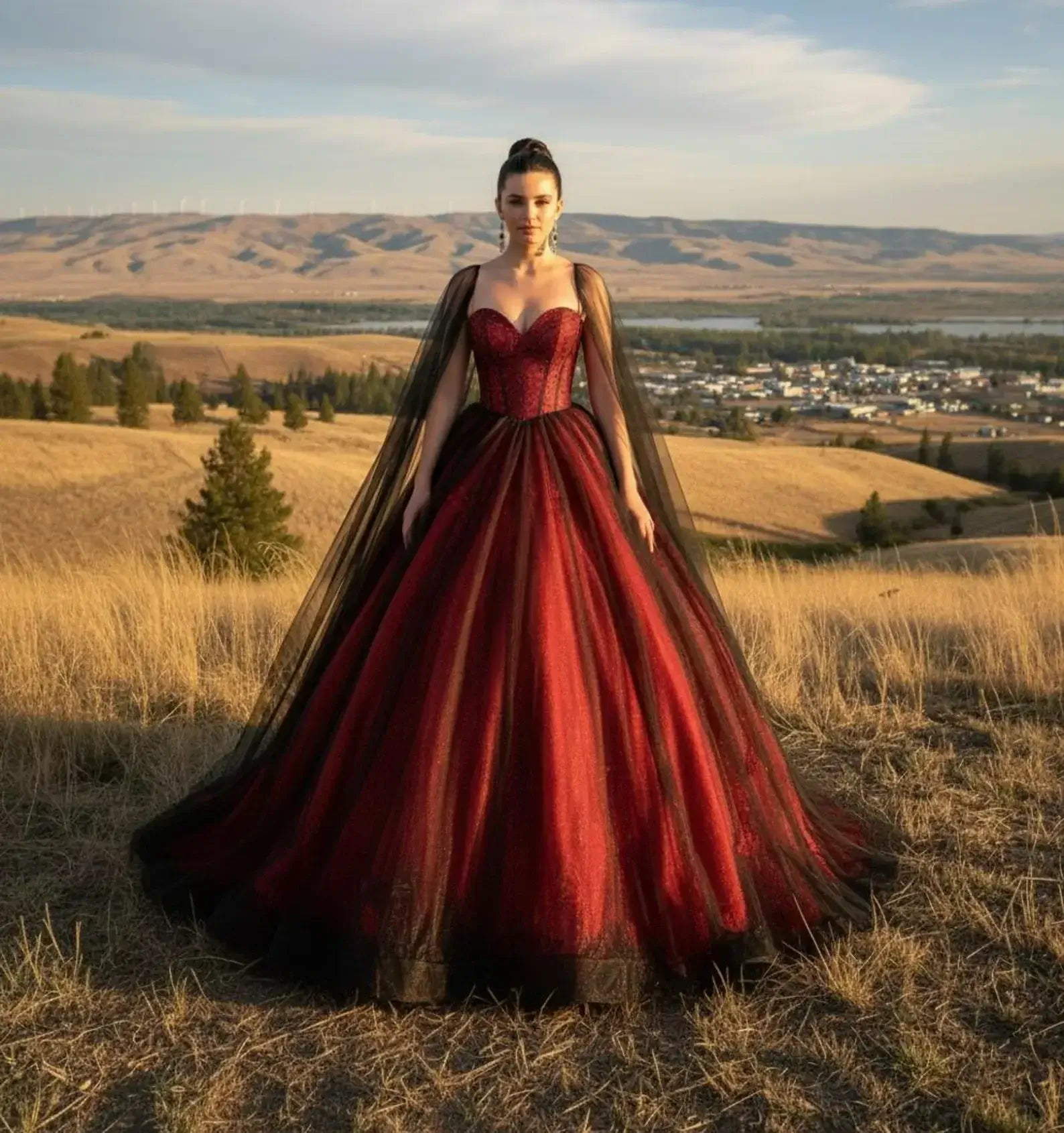 Gothic Red and Black Wedding Dress Floral Tulle Bridal Gown Chapel Train