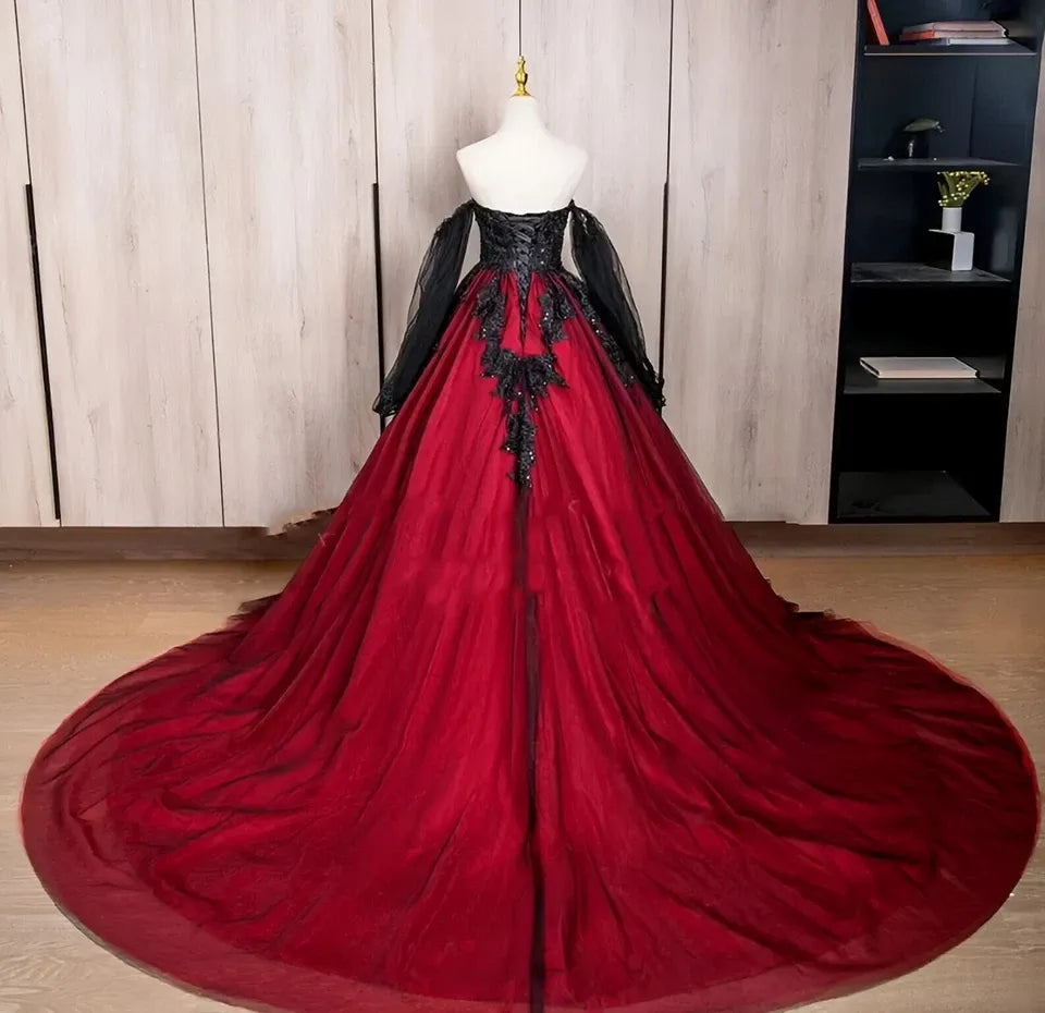 Red wedding gown with black lace