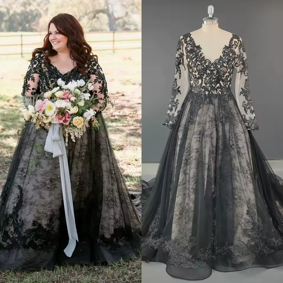 Gothic Plus Size Wedding Dresses Black Lace V Neck Long Sleeves Bridal Gown