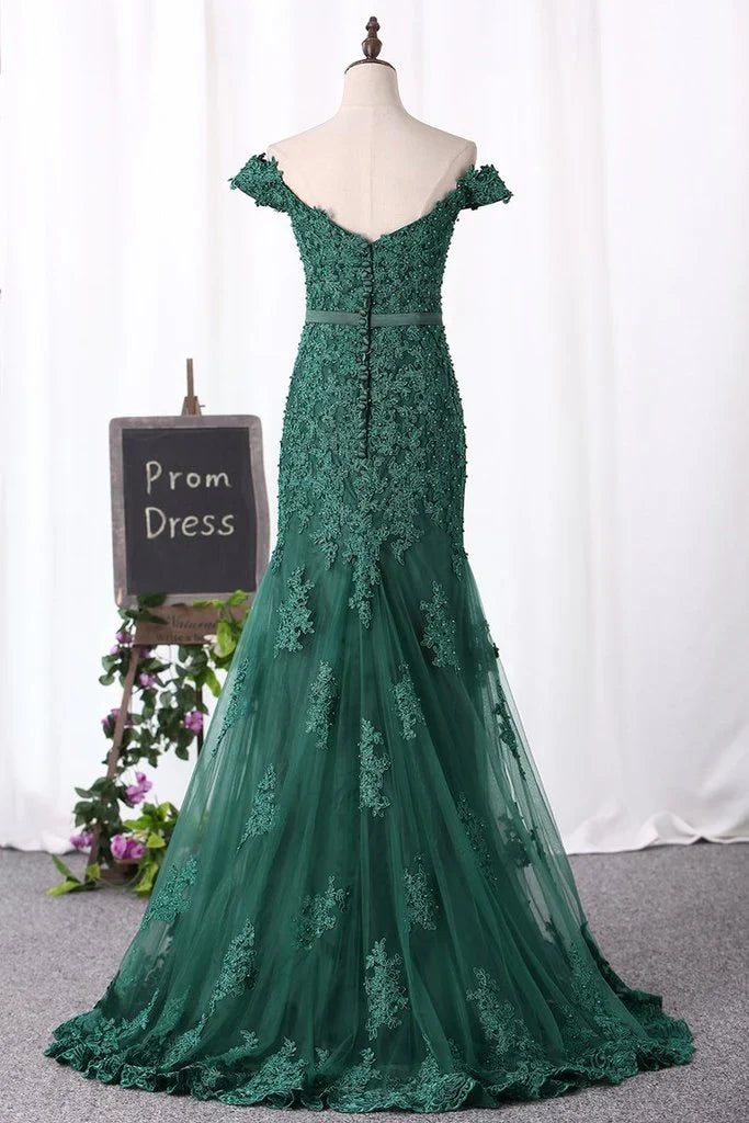 Off the Shoulder Lace Mermaid green Prom Dresses