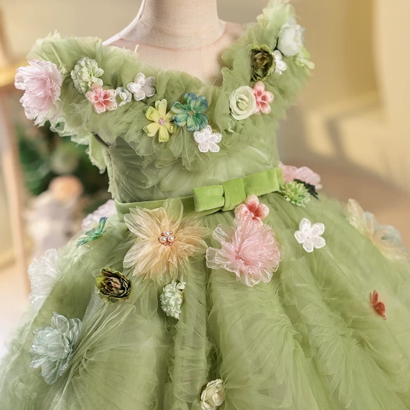 Green Elf Forest Flower Birthday princess Flower Girl Dress