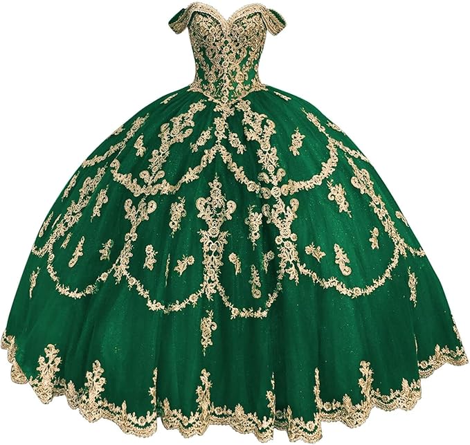 dark green Sweet 16 Dress Tulle Lace gold Quince Dress Vestidos de 15 Años Off Shoulder Mychicdress