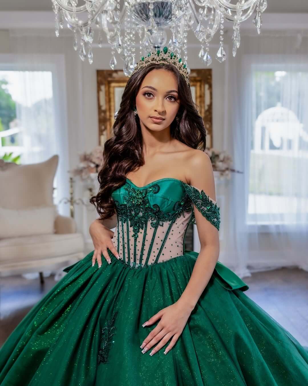 Puffy Off Shoulder Emerald Green Quinceanera Dresses with Bow