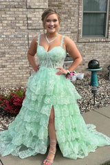 A Line Black Lace 2025 Prom Dresses Tiered Sequins Off the shoulder