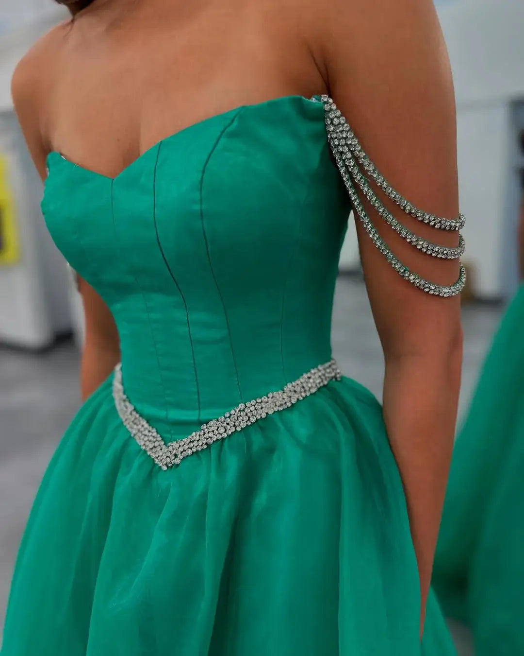 Green Tulle Prom Dresses Corset Evening Gowns Off Shoulder Beaded