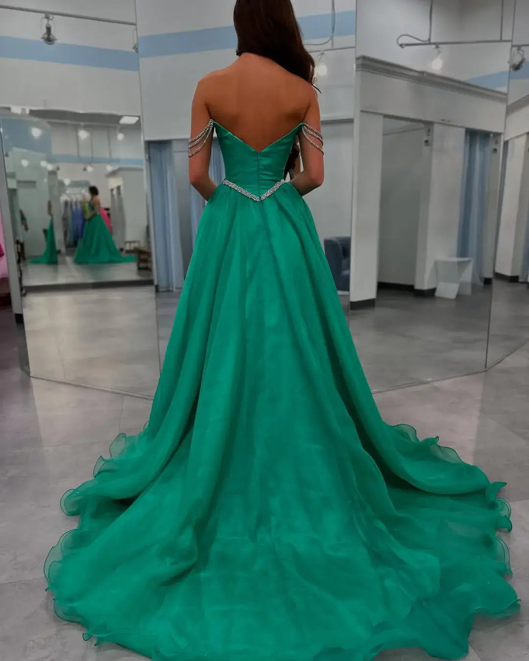Green Tulle Prom Dresses Corset Evening Gowns Off Shoulder Beaded