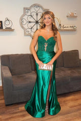 Royal Blue Mermaid Strapless Prom Dress 2025 Lace Applique High Slit Pleated - MyChicDress