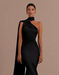 Halter Mermaid Satin Black Evening Dress Long Sleeveless Mychicdress