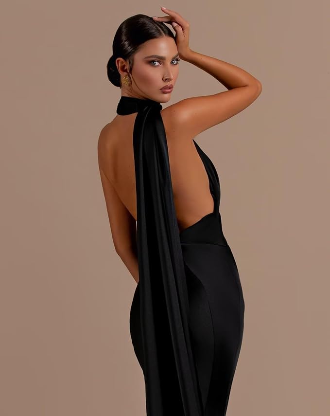 Halter Mermaid Satin Black Evening Dress Long Sleeveless Mychicdress