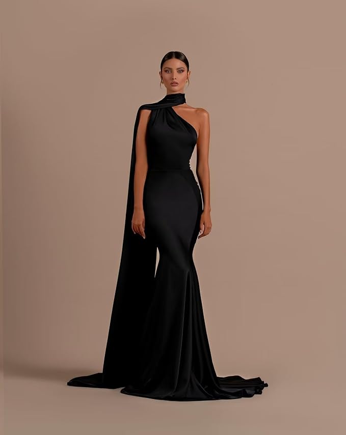 Halter Mermaid Satin Black Evening Dress Long Sleeveless Mychicdress