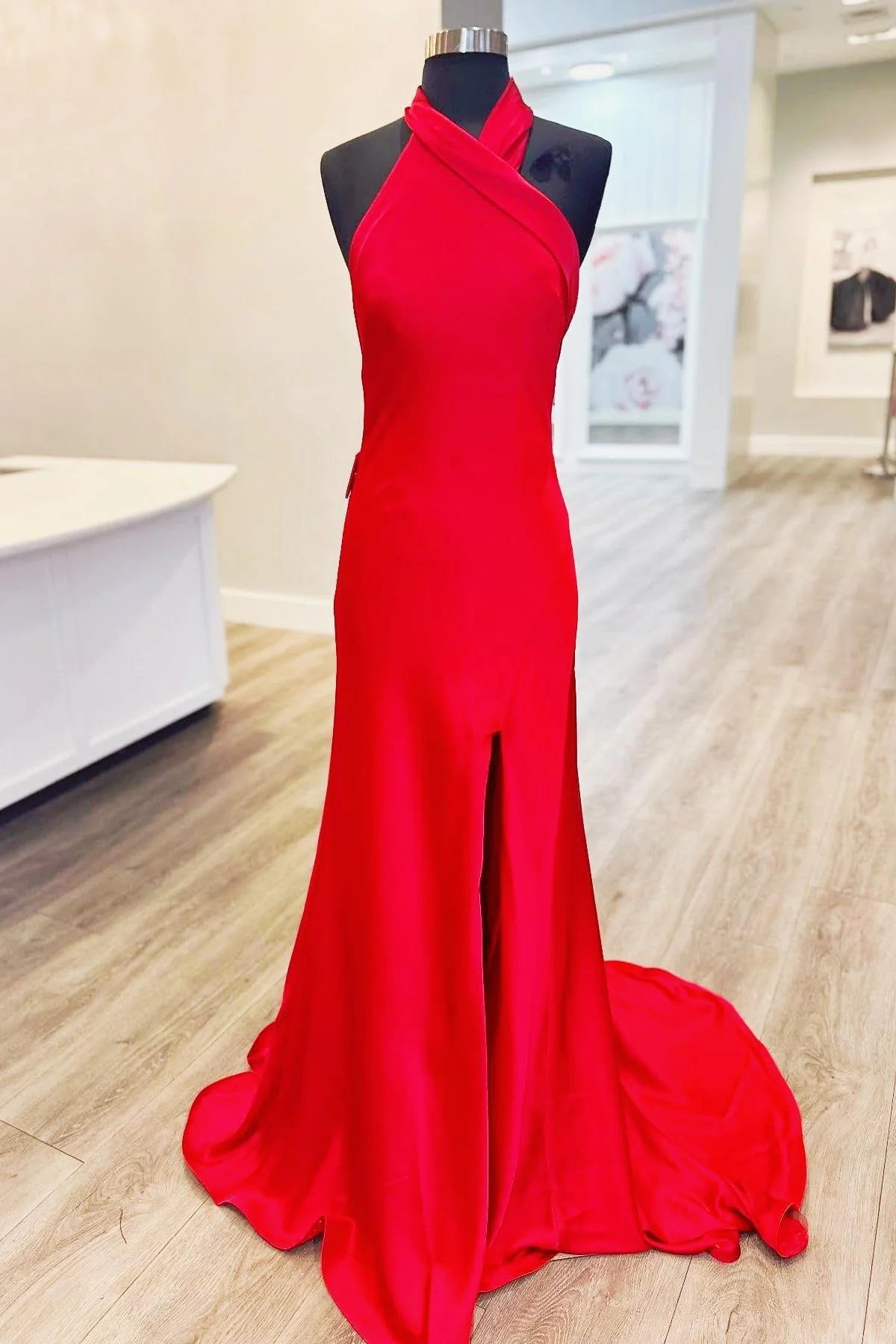 Halter Red Formal Guest Dress Fitted Satin Party Dress with Slit