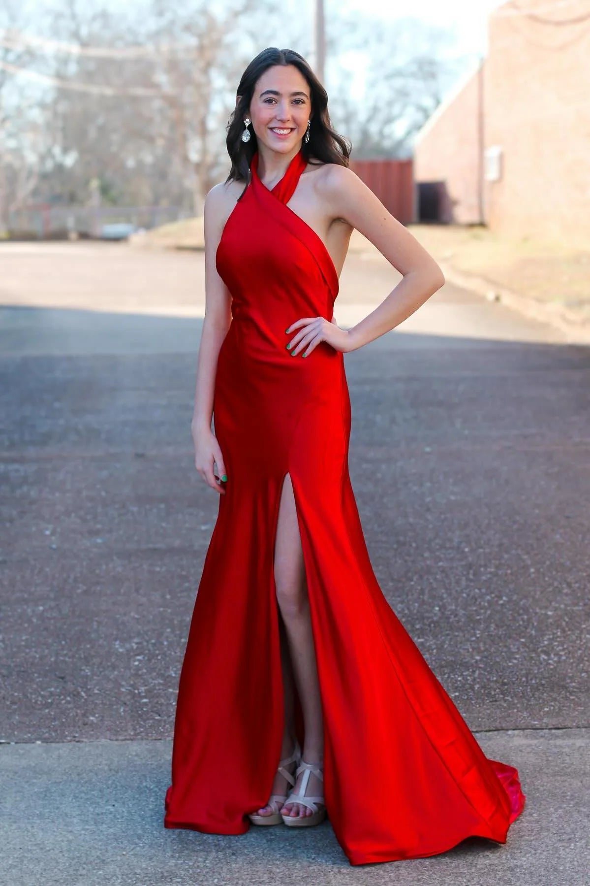Halter Red Formal Guest Dress Fitted Satin Party Dress with Slit
