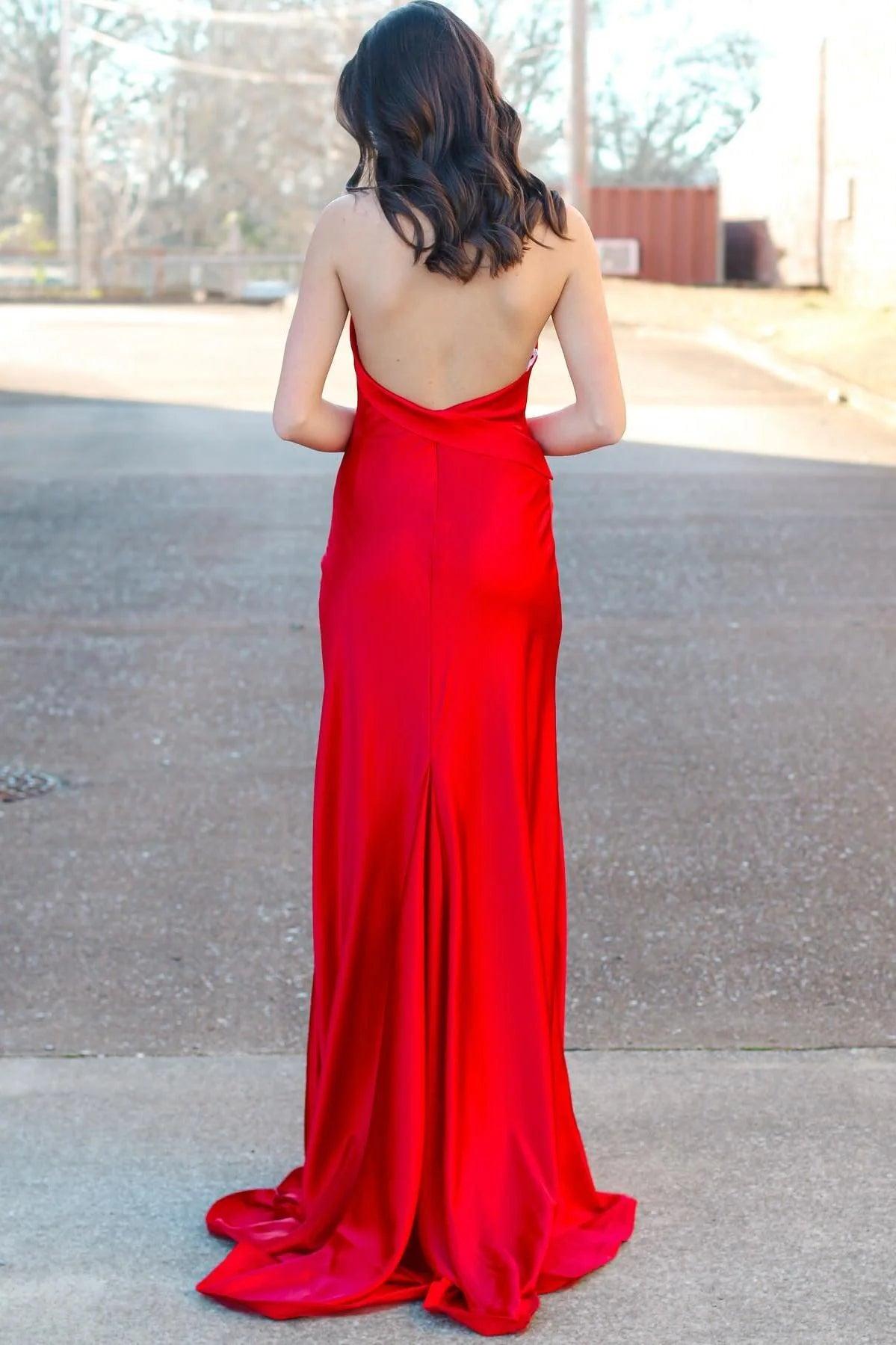 Halter Red Formal Guest Dress Fitted Satin Party Dress with Slit