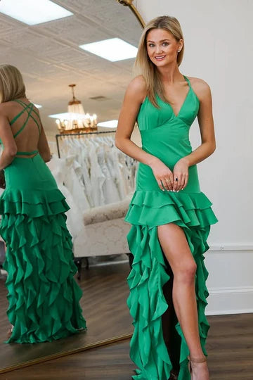 Satin V-neck Green Hi-lo Mermaid Formal Dress With Belt Satin V-neck Green Hi-lo Mermaid Formal Dress With Belt