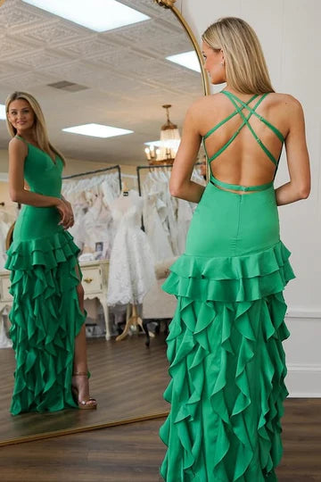 Satin V-neck Green Hi-lo Mermaid Formal Dress With Belt Satin V-neck Green Hi-lo Mermaid Formal Dress With Belt