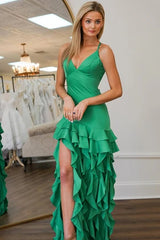 Hi Lo Green Semi Formal Dress Ruffled V-Neck Sleeveless Satin With Slit