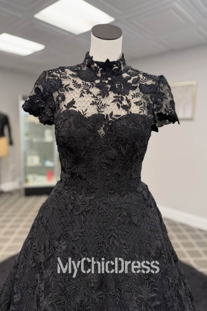 Beach High Neck Black Lace Wedding Dresses for Modern Brides