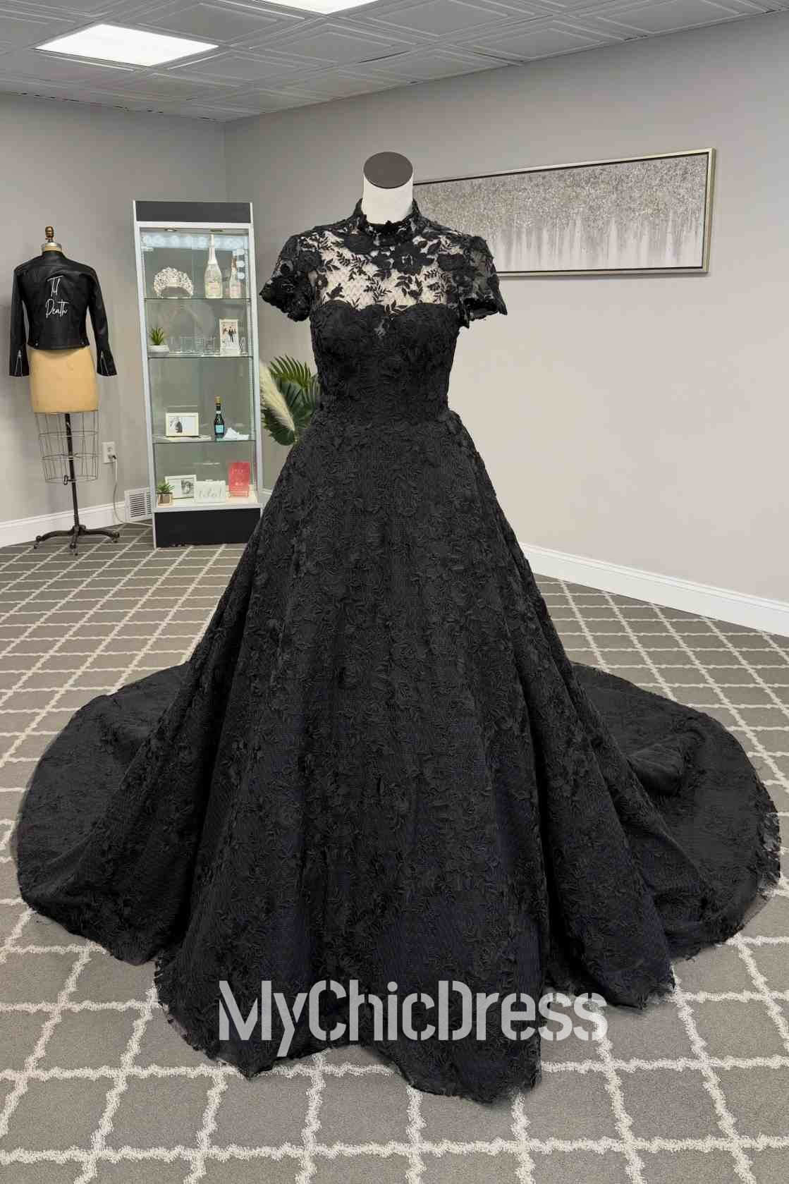 Beach High Neck Black Lace Wedding Dresses for Modern Brides