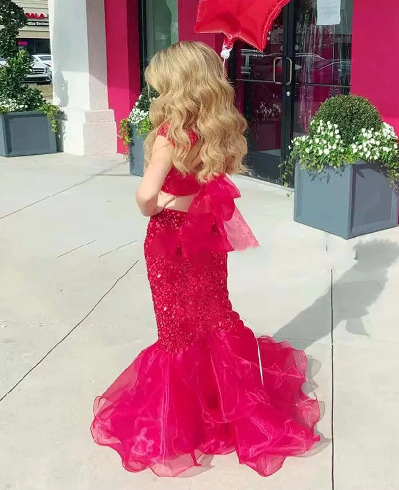 High Neck Red Two Pieces Sequin Girl Pageant Dress Cap Sleeves Mychicdress